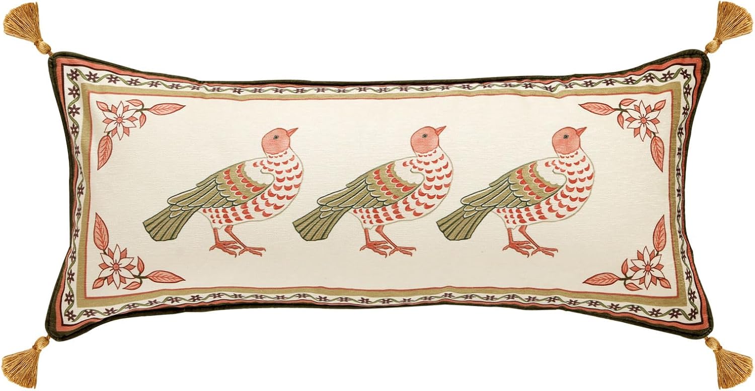 Rectangle Throw Pillow Covers,Brown Cozy Velvet Farmhouse with Birds and Floral Pattern Pillowcases,Decor Long Lumbar Pillows Cushion Covers for Couch Sofa Bed Car Chair,12"x28"