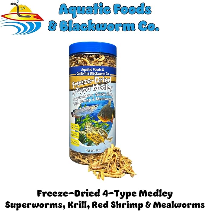 Aquatic Foods Inc. 4-Type Medley Mix of Freeze Dried Superworms, Krill, Red Shrimp, Mealworms for Monster Fish, Reptiles, Turtles, Tortoises, Frogs, Hamsters, Birds, Rodents 5oz Canister