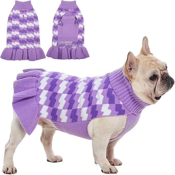 Dog Sweaters for Large Dogs Girl, Dog Sweater Dress with Leash Hole, Thick Turtleneck Knitwear for Female Dogs, Warm Fall Winter Dress for Cold Weather, Thanksgiving, Christmas - Purple L