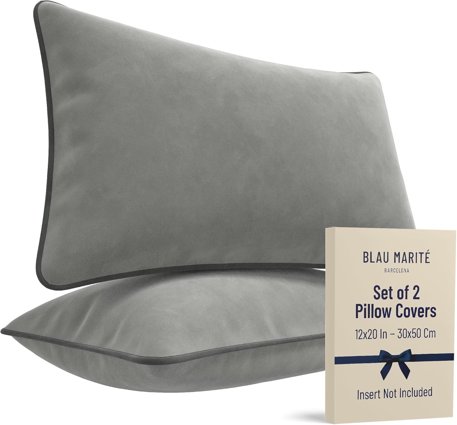 2 Pack Velvet Decorative Throw Pillow Covers, 12"x20", Dove Grey, Solid, Modern, Contrast Piping, Indoor Use, Bedroom & Living Room