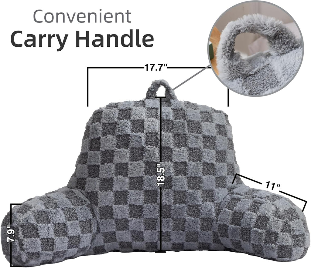 A Nice Night Faux Fur Reading Pillow,Checkered Fluffy Grid Plaid,Bed Wedge Pillow Large Adult Children Backrest with Arms for Bedrest,Grey