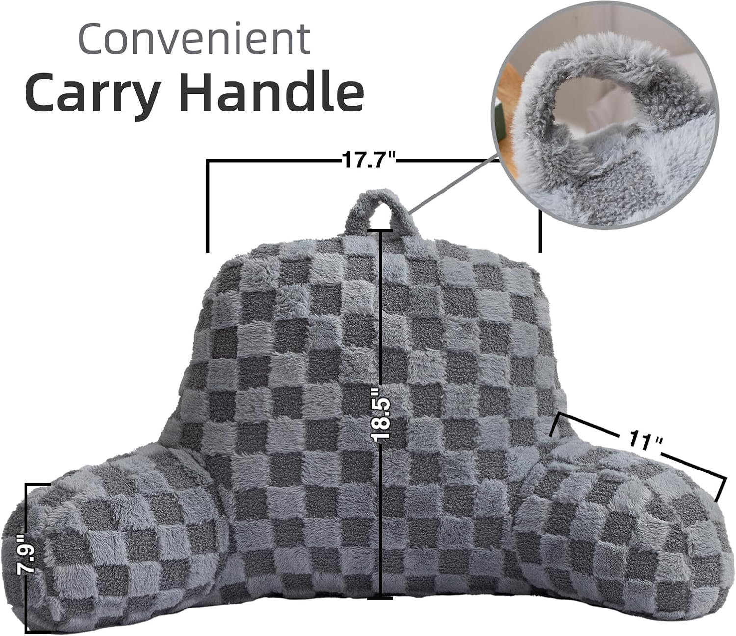 A Nice Night Faux Fur Reading Pillow,Checkered Fluffy Grid Plaid,Bed Wedge Pillow Large Adult Children Backrest with Arms for Bedrest,Grey