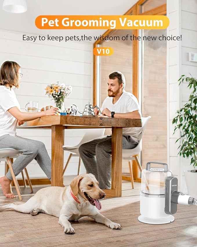 Dog Vacuum Grooming Kit for Shedding: Professional Hair Clippers Pet Groomer - Strong Suction Cleaner Deshedding Tool Fur Brush Attachment Trimmer for Home Cat (Pale White)