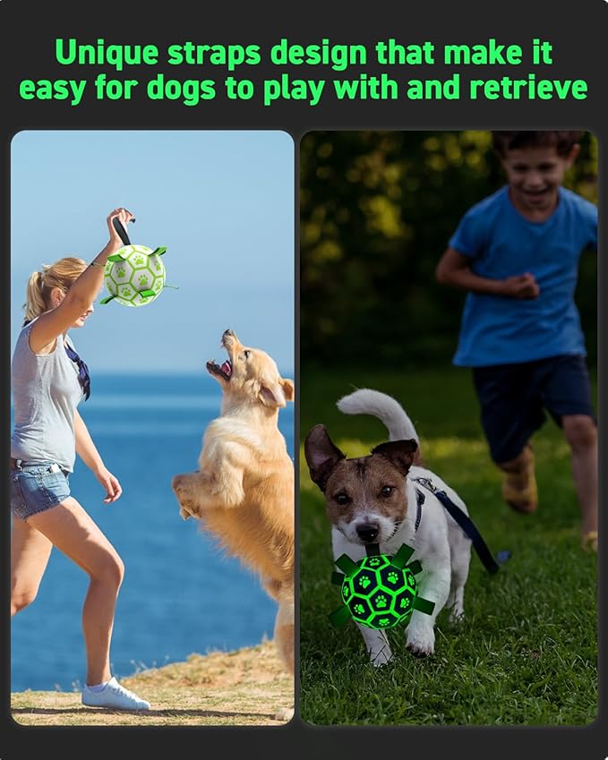 QDAN Premium Glow in The Dark Dog Toys, Dog Ball with Straps, Soccer Ball for Dogs, Outdoor Dog Toys, Pet Birthday Toys, Puppy Essentials for Small to Medium (6Inch)