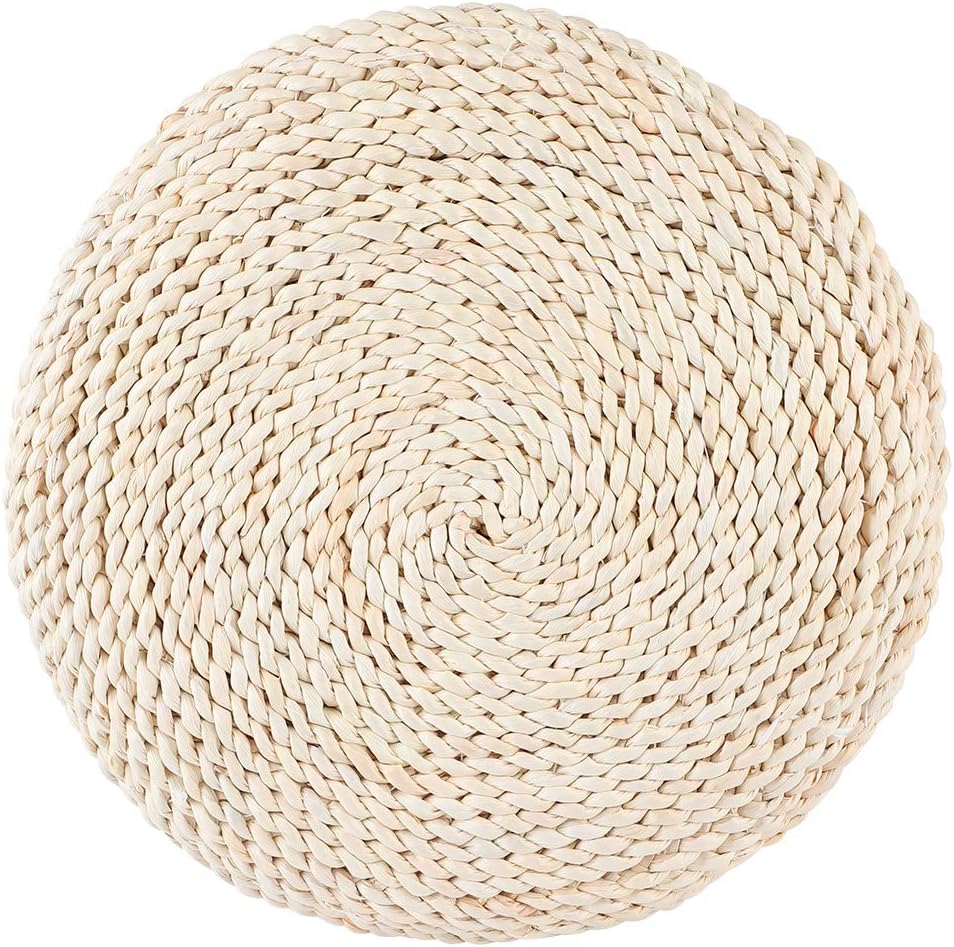 Japanese Round Tatami Hand Woven Floor Cushion, Meditation Yoga Mat, Corn Bran Pouf with Silk Floss Filler, Ergonomic for Zen Tea Ceremony, Home Decor, 40x40x6cm