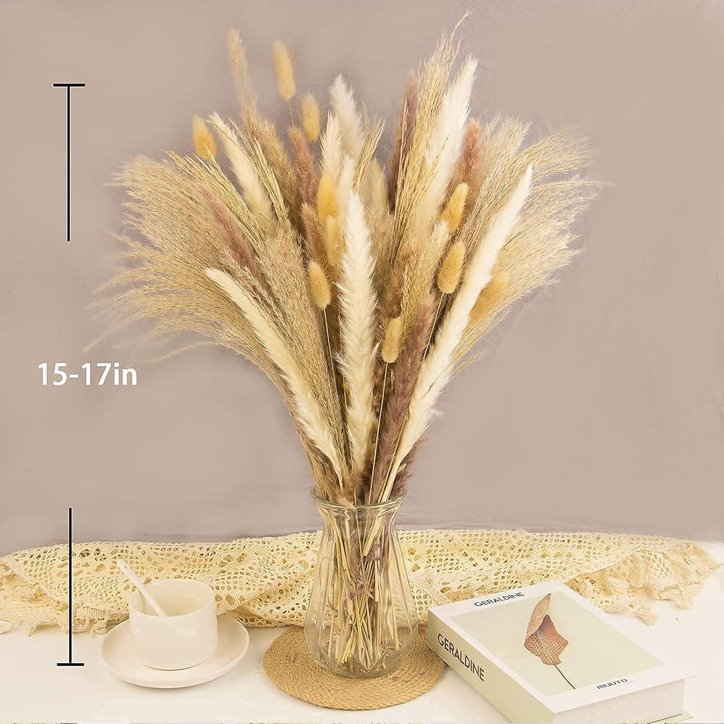 65PCS Pampas Grass Decor, Including pompas Floral, Reed Dried Grass and Bunny Tails Dried Flowers, Natural Dried Pampas Grass Bouquet for Boho Decor Wedding, Home Decoration