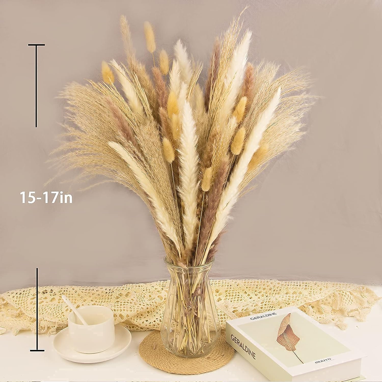 65PCS Pampas Grass Decor, Including pompas Floral, Reed Dried Grass and Bunny Tails Dried Flowers, Natural Dried Pampas Grass Bouquet for Boho Decor Wedding, Home Decoration