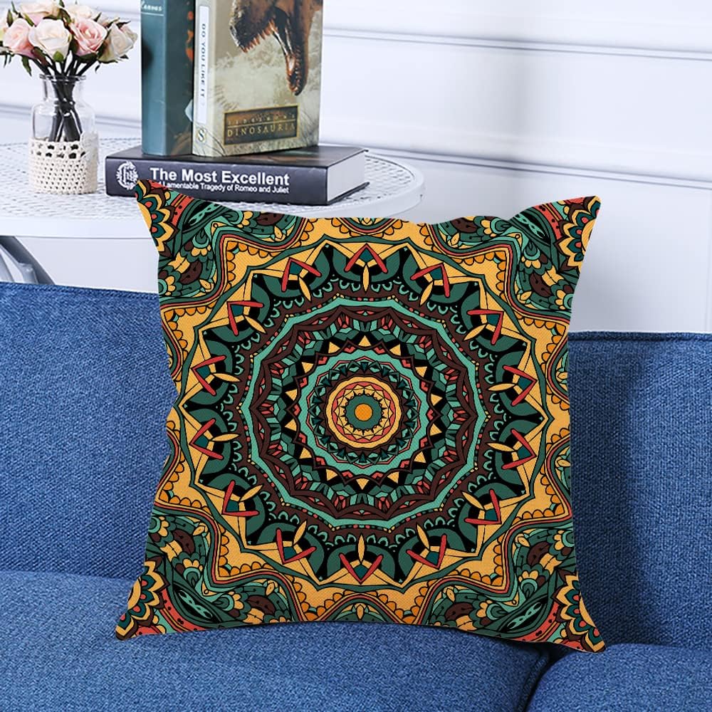 Decorative Square Throw Pillow Covers Retro Mandala Couch Sofa Bed Pillow Covers Cushion Cases 18x18 inch