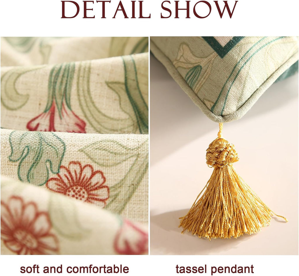 patdrea Designer Pack of 2 Rectangle Throw Pillow Covers,French Vintage Rustic Linen with Green Floral Pattern Pillows Cover,Decorative Lumbar Pillowcases Cushion for Bed Living Room,12"x20"