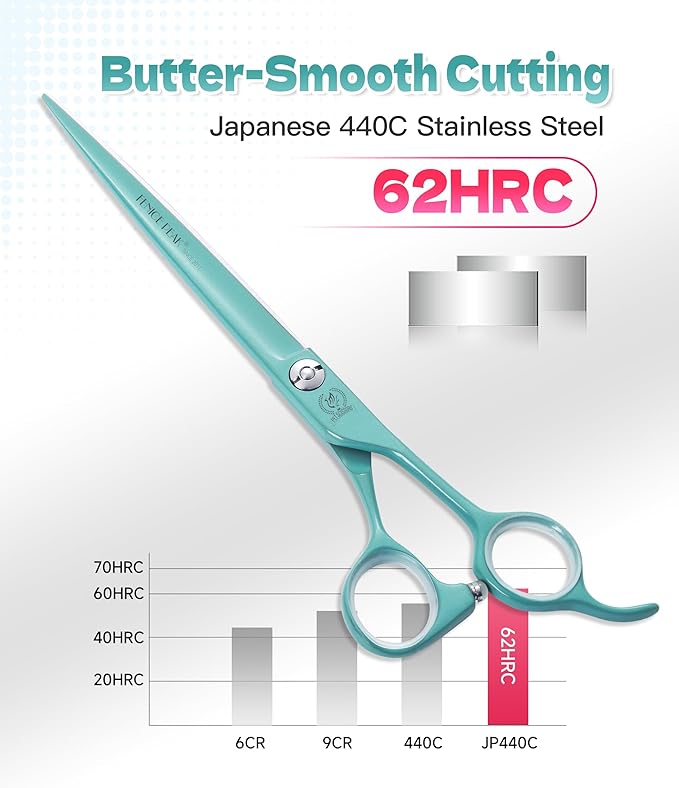 Fenice Peak 7" Professional Dog Grooming Scissors Set, Japanese 440C Stainless Steel Straight Thinning Curved Chunker Shears for Pet Grooming, Trimming Face, Paws, Green