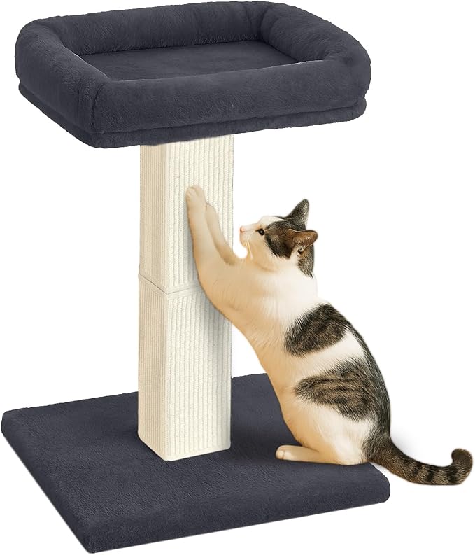 AGYM Cat Scratching Post, 32”Cat Scratcher with Large Plush Perch, Sisal & Carpet Scratching Post, Vertical Posts with Elevated Bed for Indoor Cats, Removable& Washable Cover, Darkgrey