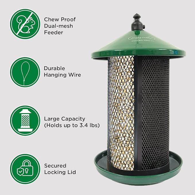 Portable Dual Mesh Metal Hanging Finch Bird Feeder - Durable & Heavy- Duty with 360° Perch & 2 Separate Seed Compartments - Holding Capacity: Upto 3.4 lbs (1.5 Kg) - (Natural Green)