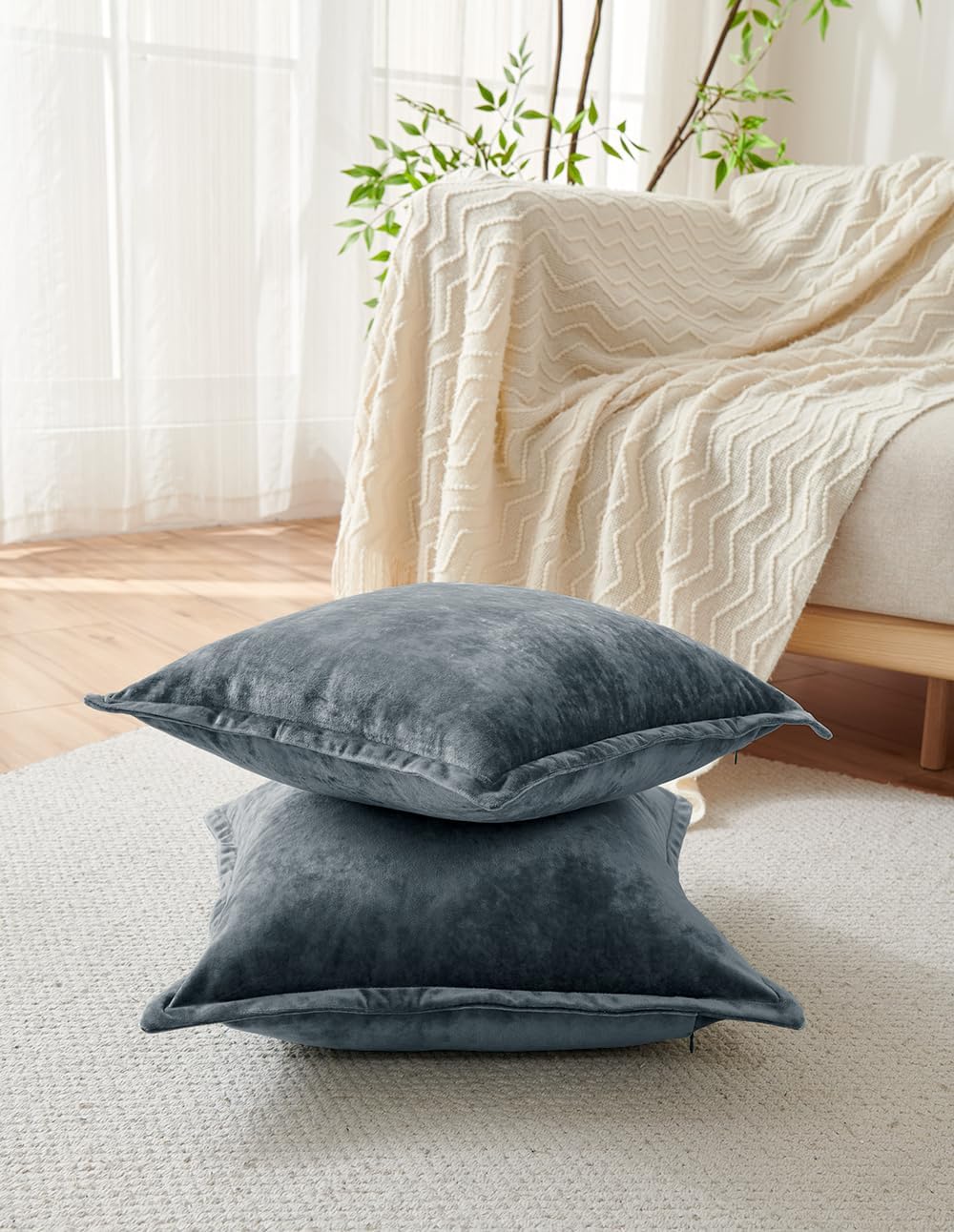 Luxurious Velvet Euro Shams Decorative Throw Pillow Covers 26x26 Set of 2 Solid Square Euro Pillow Shams for Sofa Couch Bedroom, Blue Gray