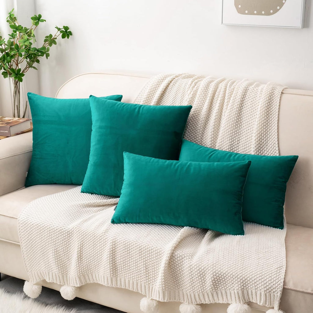 HWY 50 Teal Velvet Throw Pillow Covers 18x18 Inch, Pack of 2 Soft Cozy Solid Decorative Luxury Cushion Cases for Couch Sofa Bed Living Room Bedroom