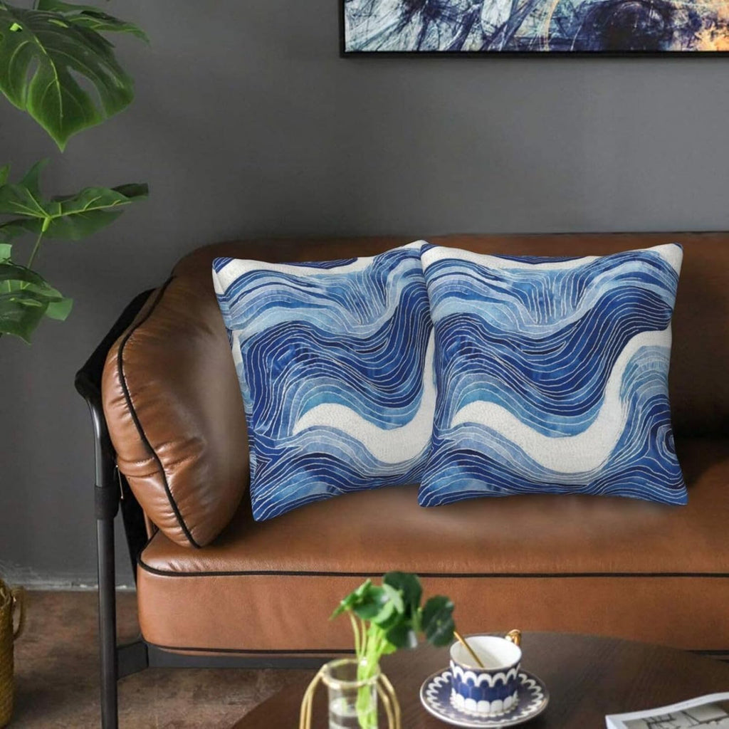 Dark Blue Navy and White Waved Pillow Covers 18x18 Inch Decorative Modern Abstract Light Blue White Pillowcases Set of 2 Farmhouse Cushion Covers for Couch Bed Sofa Farmhouse Decor