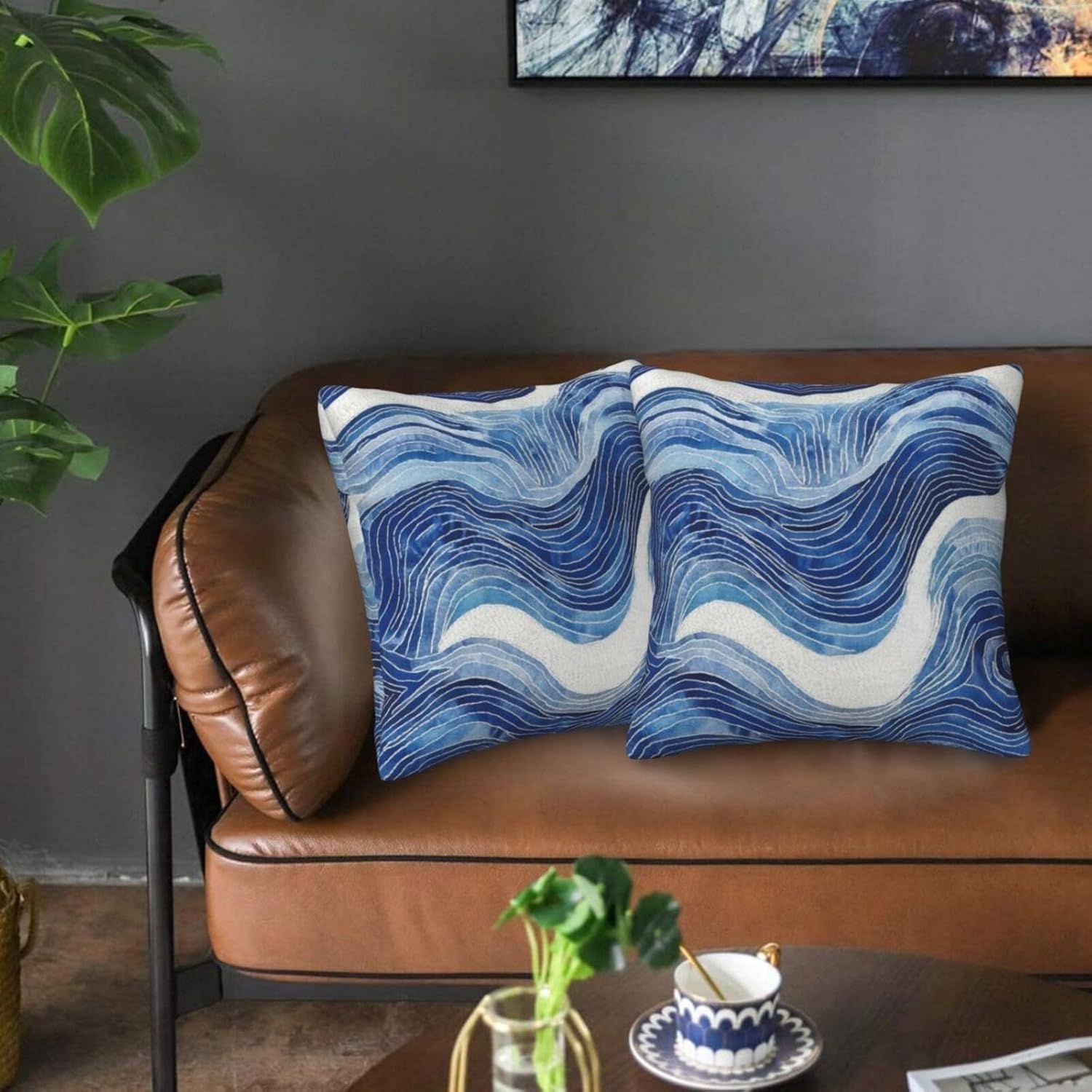 Dark Blue Navy and White Waved Pillow Covers 18x18 Inch Decorative Modern Abstract Light Blue White Pillowcases Set of 2 Farmhouse Cushion Covers for Couch Bed Sofa Farmhouse Decor