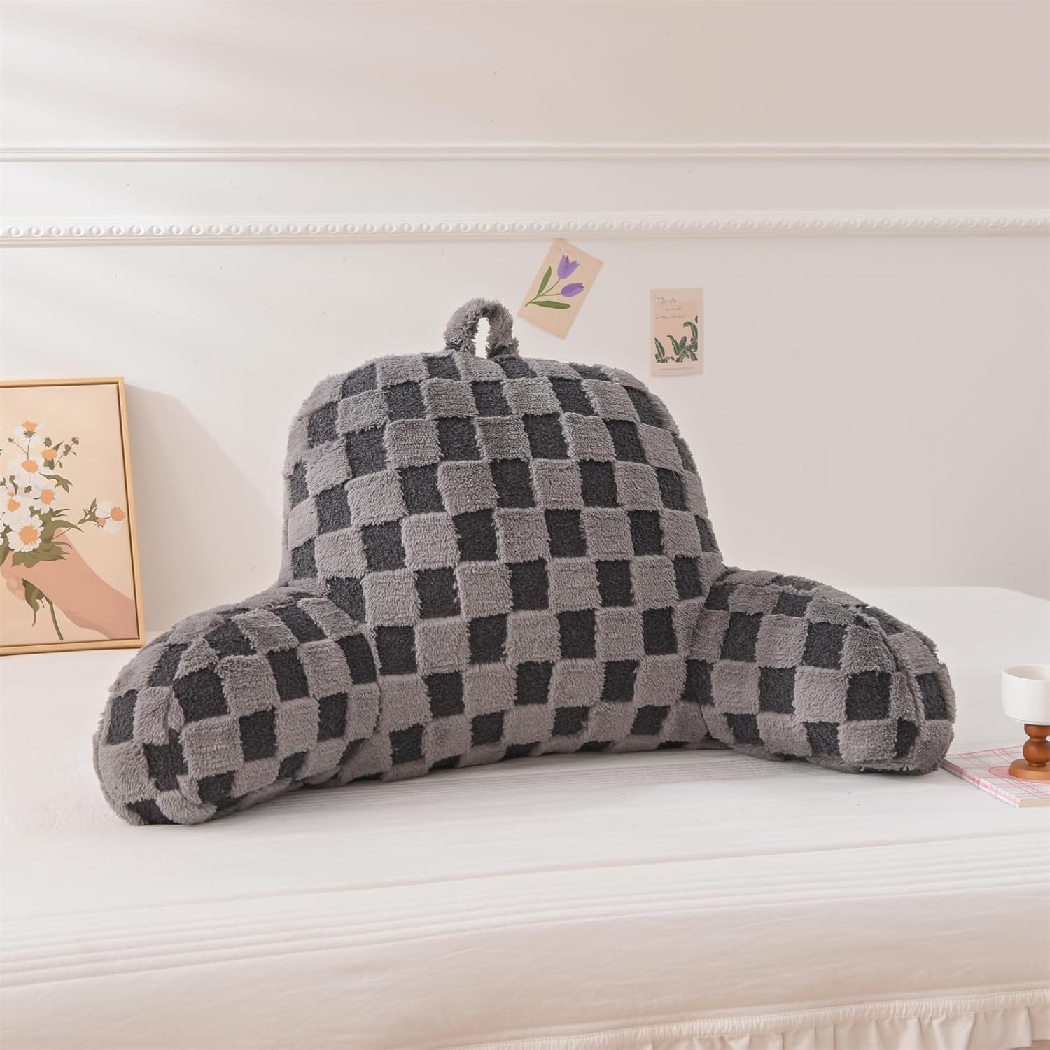 Aimuan Reading Pillow Checkered Bed Rest Wedge Backrest Checkerboard Pillow with Arms Back Support for Sitting Up in Bed Cushion Incline Rest Sleeping Snoring Pillow (Dark Grey,Large)