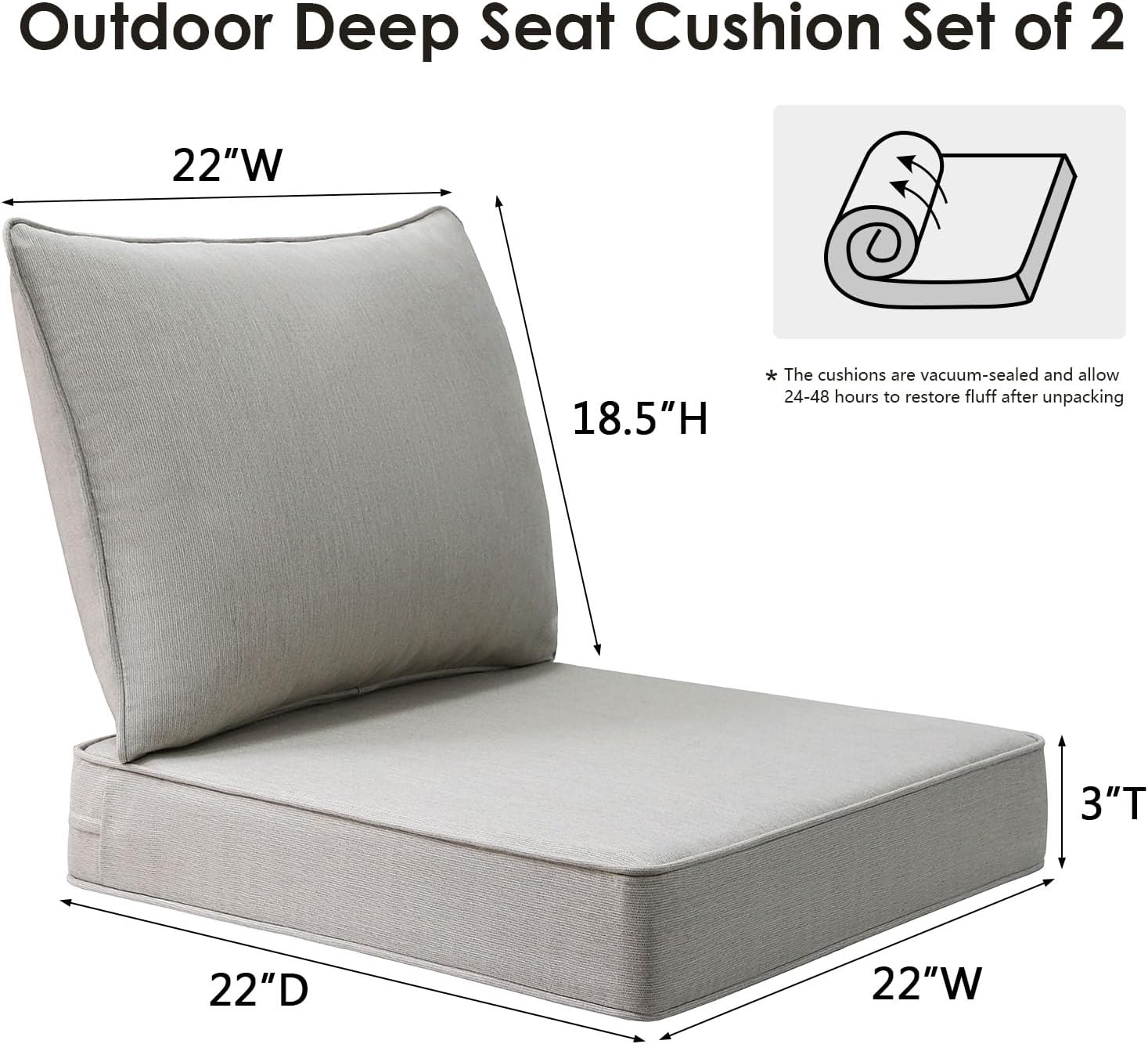 Sunbrella Outdoor Chair Cushions Set, 22" x 22", Set of 2, Water-Repellent, Fade Resistant, Deep Seat Bottom and Back Cushion for Backyard, Couch, Sofa and Patio Furniture, Specrtum Pebble