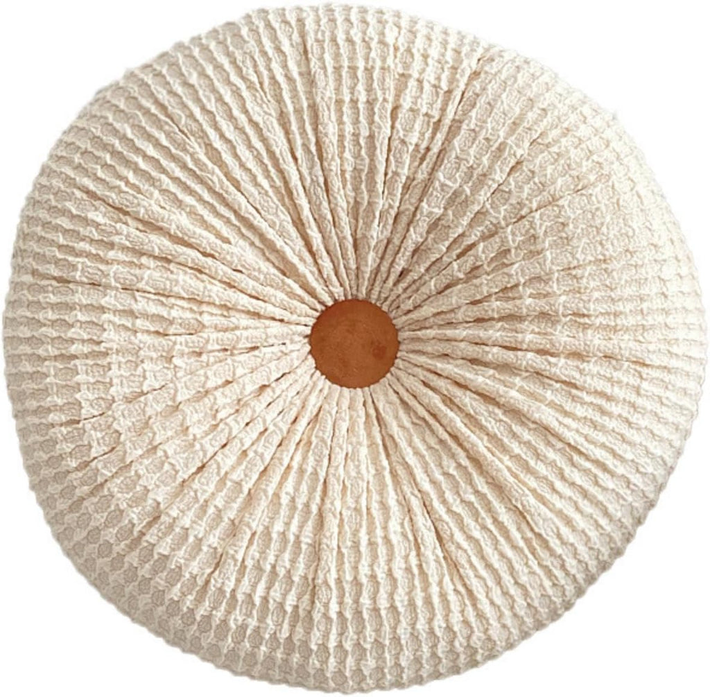 Round Throw Pillow, 15" Velvet Decorative Pleated Pumpkin Round Pillow Cushion Floor Pillows for Sofa Couch Bed Chair Living Room Floor Car Decorations, Beige