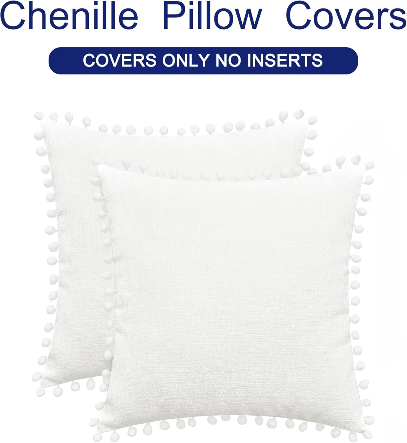 CaliTime Throw Pillow Covers Decorative 16 X 16 Inches Pack of 2 Cozy Solid Dyed Soft Chenille Cushion Cases with Pom Poms for Couch Sofa Bed Living Room Home True White