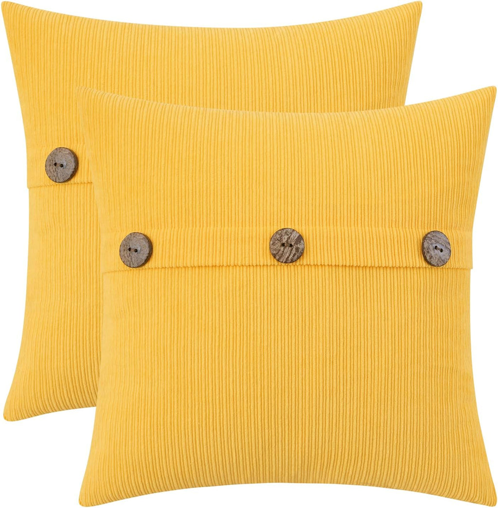 HWY 50 Yellow Chenille Throw Pillow Covers 22x22 Inch with Triple Buttons, Soft Farmhouse Accent Decorative Cushion Cases for Couch Sofa Bed Living Room Pack of 2