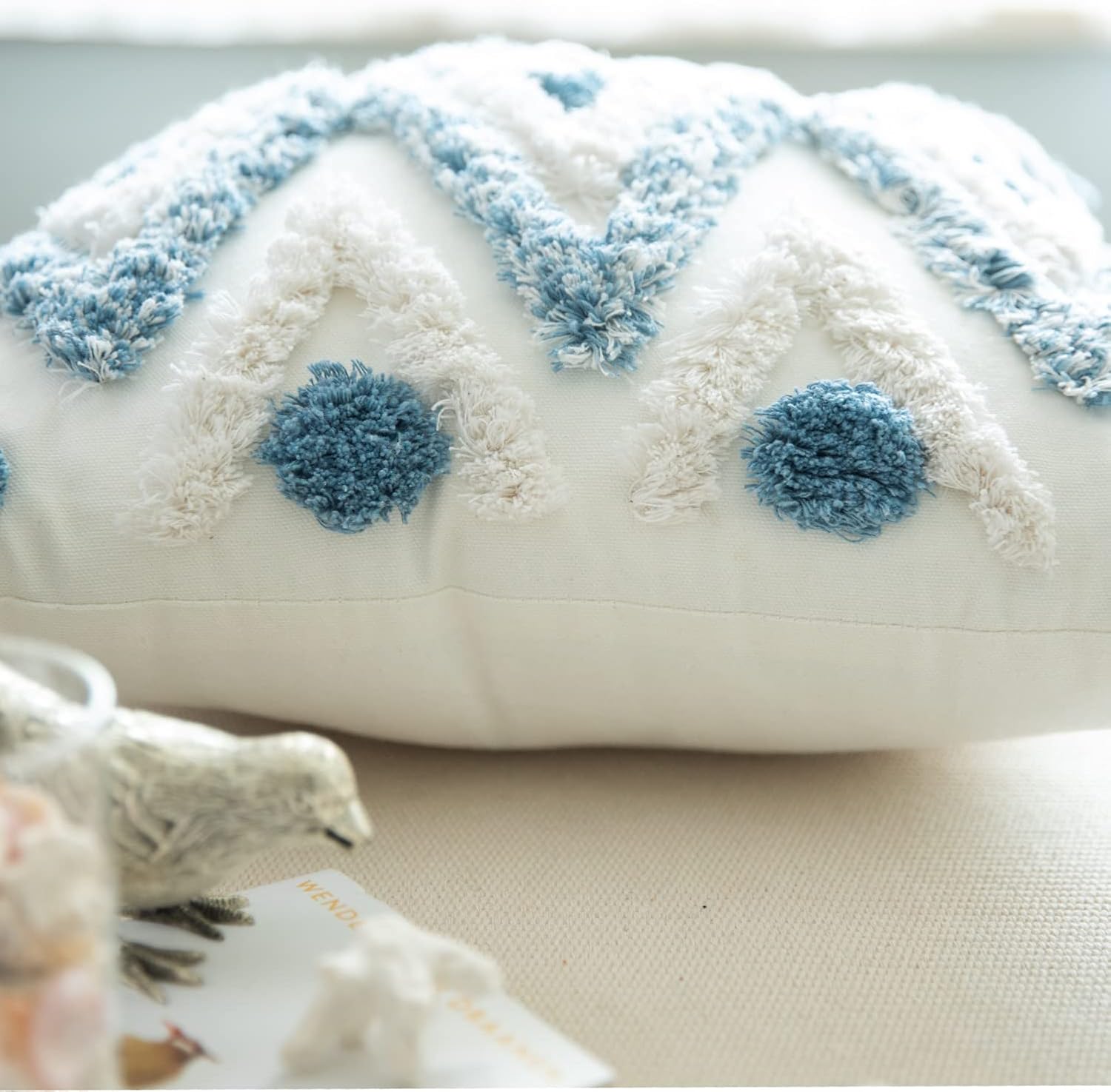 Set of 2 Cotton Woven Boho Throw Pillow Covers, Tufted Decorative Square Pillowcases Covers with Tassels for Couch Sofa Bed, Living Room Sofa, Farmhouse, 22x22 Inch Blue(2 pcs)