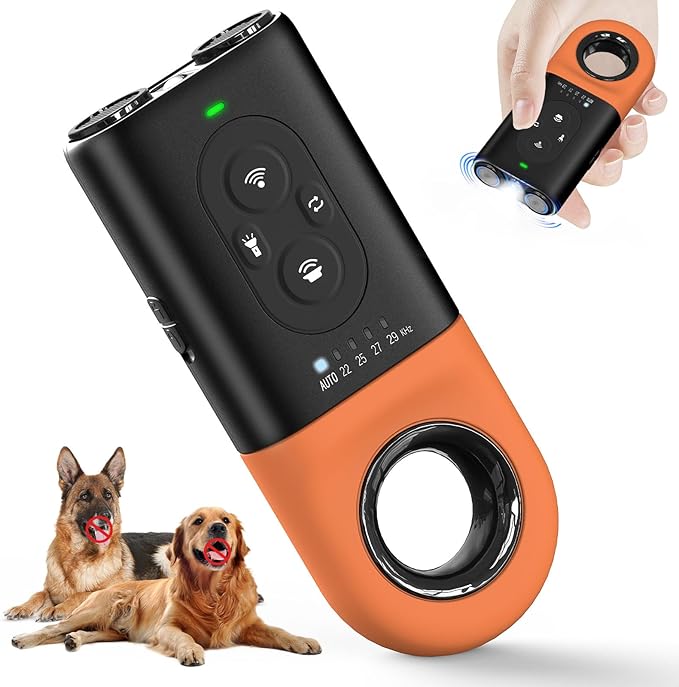 Dog Bark Deterrent Devices, Anti Barking Device for Dogs with Dual Emitters, 35 ft Range, LED Flashlight, Rechargeable Handheld Trainer, Safe & Effective, Stop Neighbors Dog