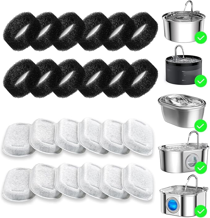 24 Pack Cat Water Fountain Filter Replacement, 4+4/8+8/12+12/16+16 Pack for Stainless Steel Cat Water Fountain 2L/67oz and 3.2L/108oz, 12 Carbon Filters & 12 Pre-Filter Sponges