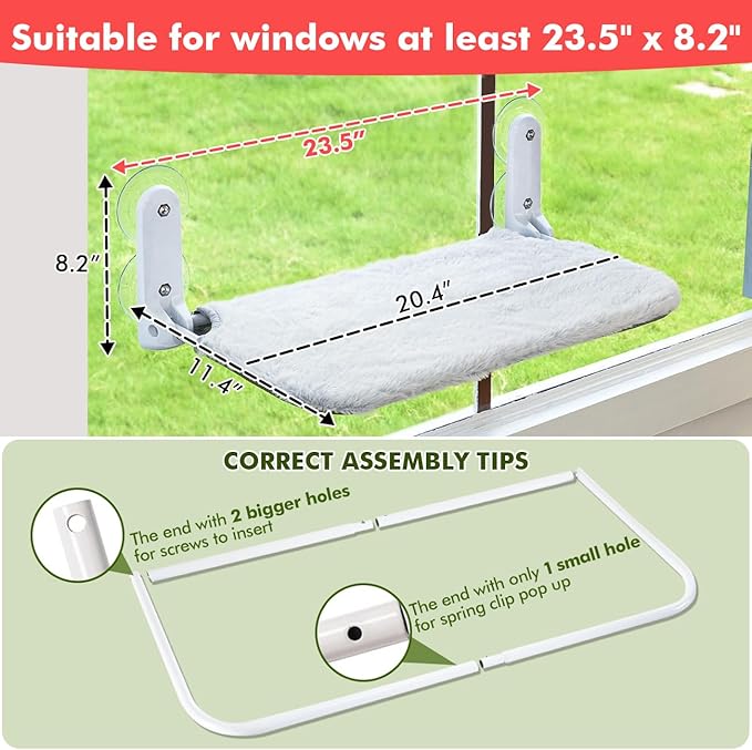 Cordless & Foldable Cat Window Perch with Metal Frame and Reversible Washable Cover Pet Hammock Bed, 4 Large Suction Cups Window Resting Seat for Indoor Cats Kittens (Grey - M)