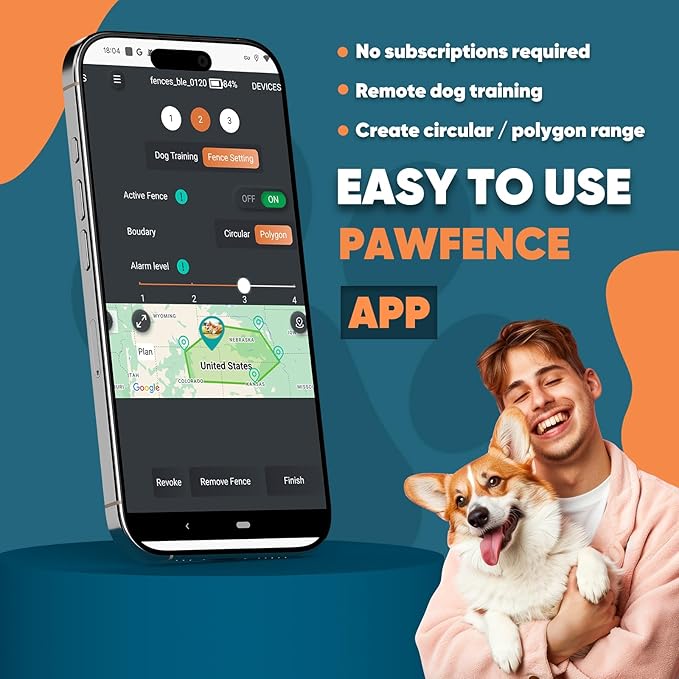 GPS Wireless Dog Fence with Free App, Electric Fence System with Training Collar, Portable Fence for Outdoor Use, Rechargeable Waterproof Flexiable Collar, Adjustable for Large Medium Dogs