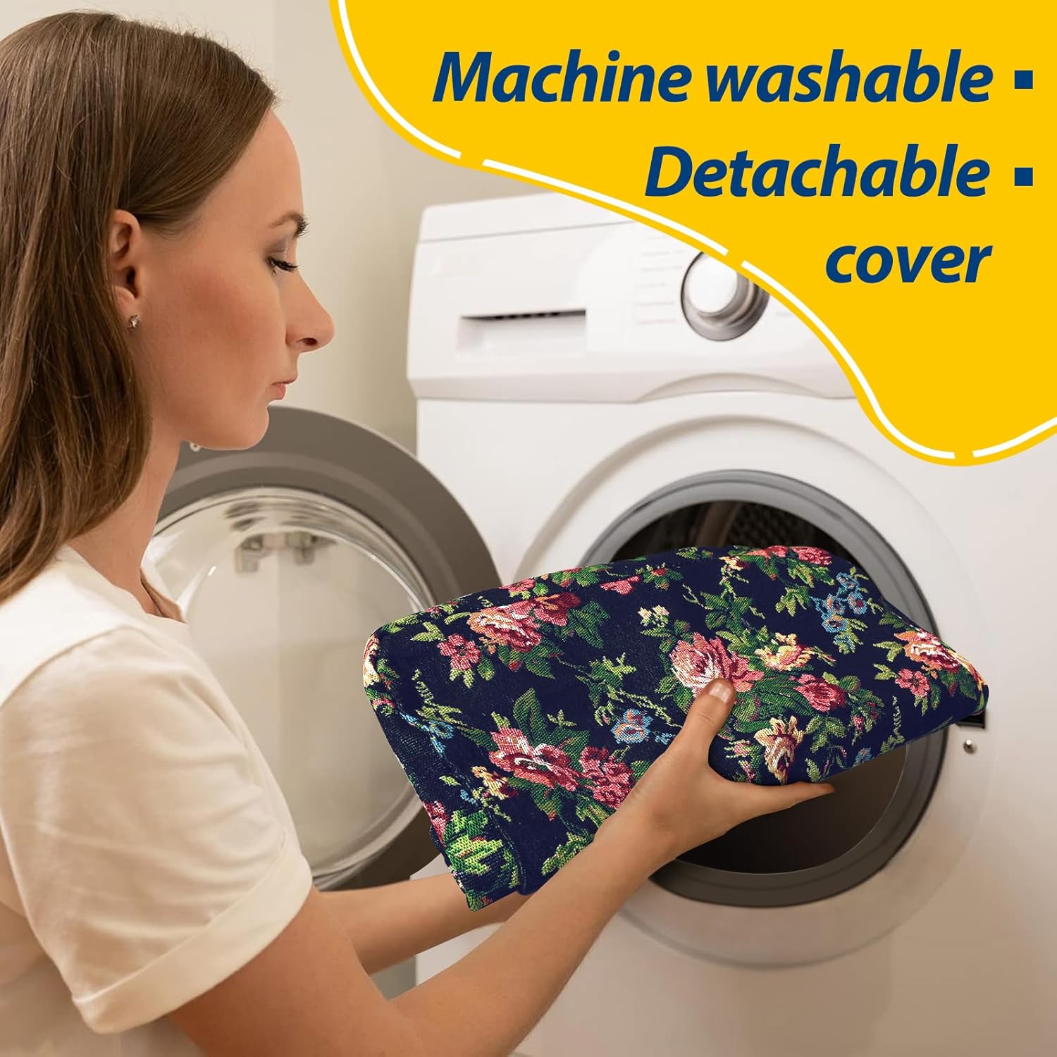 AAAAAcessories D-Shaped Chair Cushions, 2" Thick Dining Chair Pads with Ties and Removable, Machine-Washable Cover, 17" x 16", Set of 4, Night-Blooming Blossoms