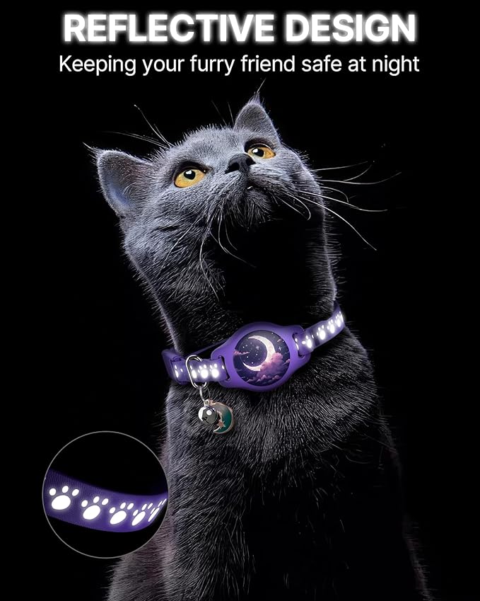 Cat Tracker Collar - Waterproof Airtag Cat Collar with Finder Tag (iOS ONLY), Compatible with Apple Find My, Breakaway Tractive Design with Reflective Pattern & Bell, Purple(Not for Android Devices)