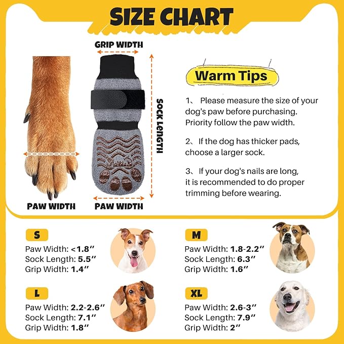 SlowTon Dog Socks with Double-Sided Grippers - 4PCS Dogs Grip Socks for Hot & Cold Pavement or Hard Floors, Non-Slip Paw Traction Protectors for Small Medium Large Dogs Senior(Grey, M)