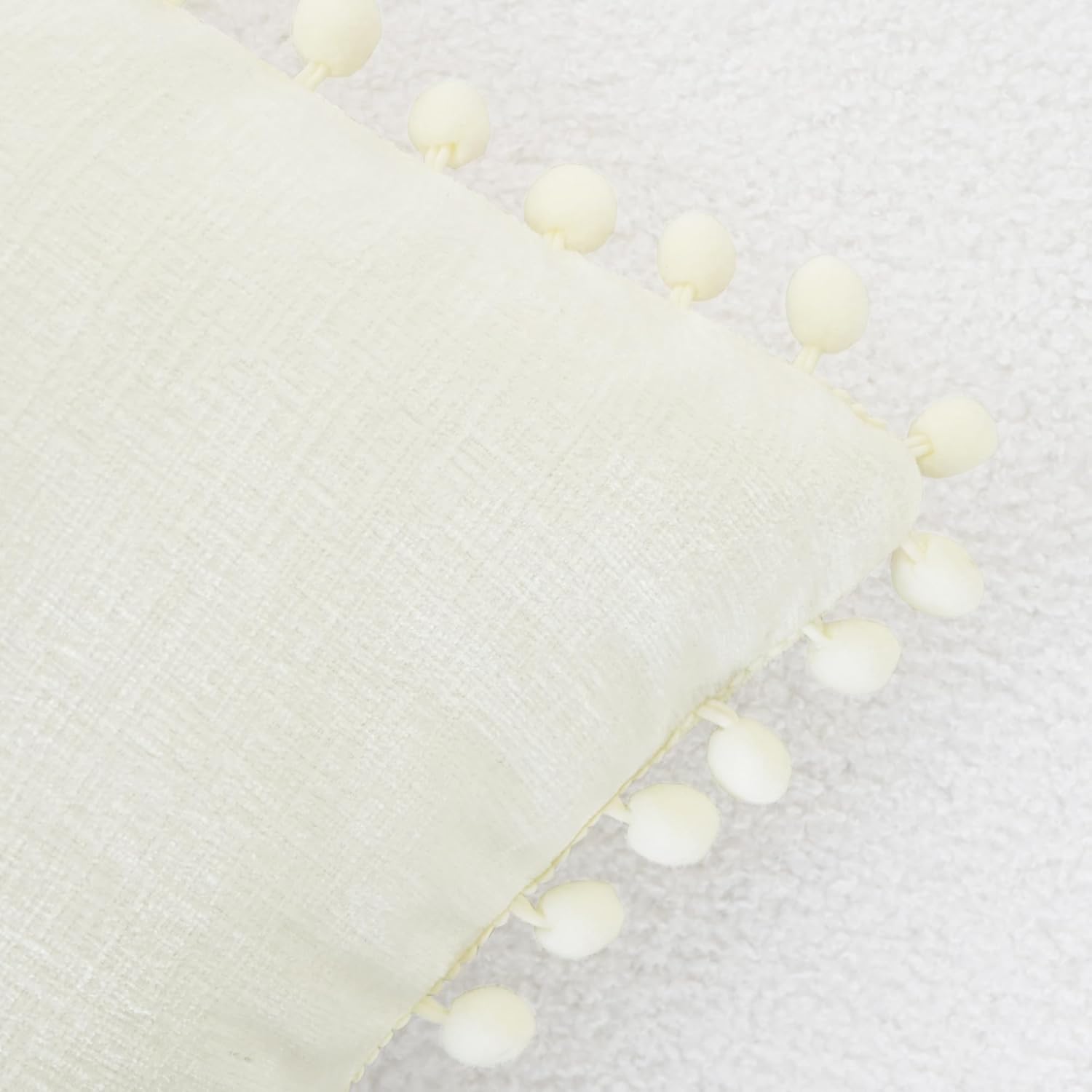 CaliTime Throw Pillow Covers Decorative 16 X 16 Inches Pack of 2 Cozy Solid Dyed Soft Chenille Cushion Cases with Pom Poms for Couch Sofa Bed Living Room Home Cream