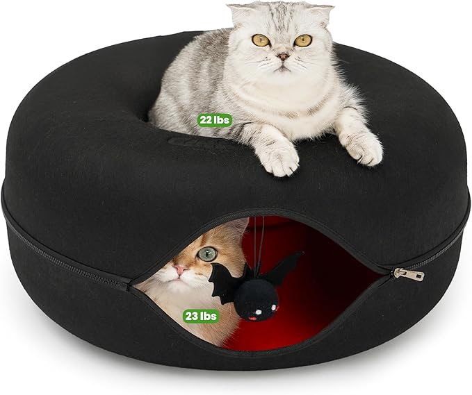 Cattasaurus Unique Gothic Peekaboo Cat Cave for Multiple & Large Cats Up to 30-45 Lbs, Scratch Detachable & Washable Tunnel Bed, Comfy Donut Cat Cave (Gothic Bat, Large)