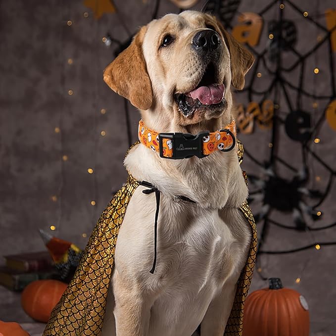 ARING PET Halloween Dog Collar, Cute Orange Ghost Pumpkin Leaves Cotton Lightweight Pet Collars with Quick Release Buckle for Puppy Small Medium Large Boy Girl Dogs-S