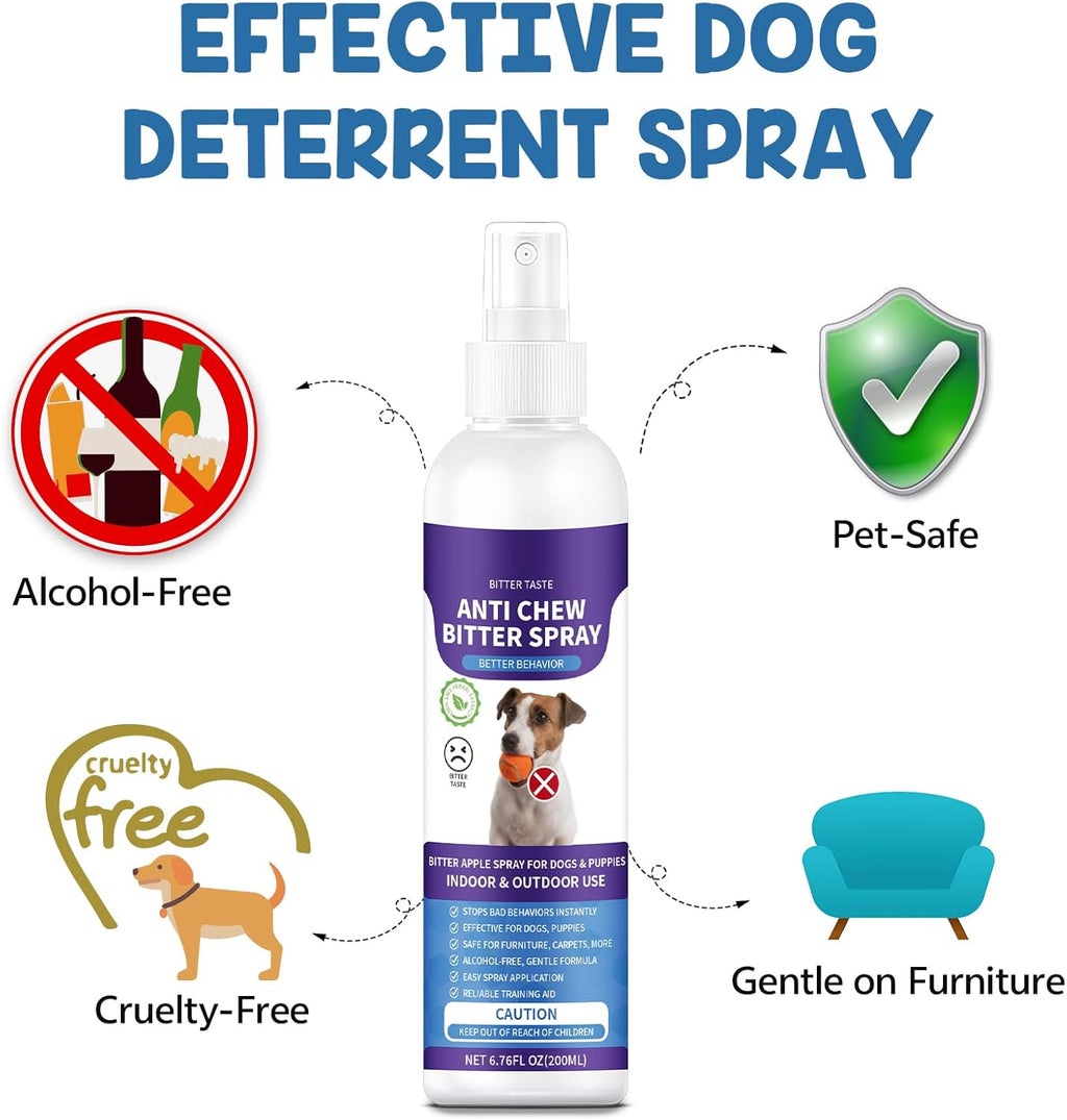 No Chew Spray for Dogs, 200ML Bitter Apple Spray for Dogs to Stop Chewing and Prevents Wound Licking, Protects Furniture, Shoes, Bandages, Alcohol-Free & Non-Toxic, Safe for Indoor & Outdoor Training