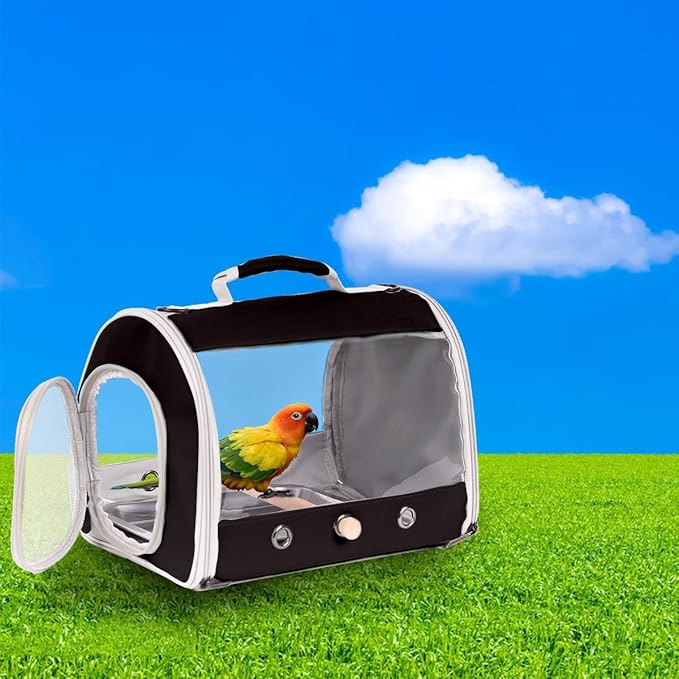 Bird Carrier, Portable Small Bird Parrot Parakeet Carrier with Standing Perch and Stainless Steel Tray, Side Access Window Collapsible (Black, Cylinder Design - Clear)