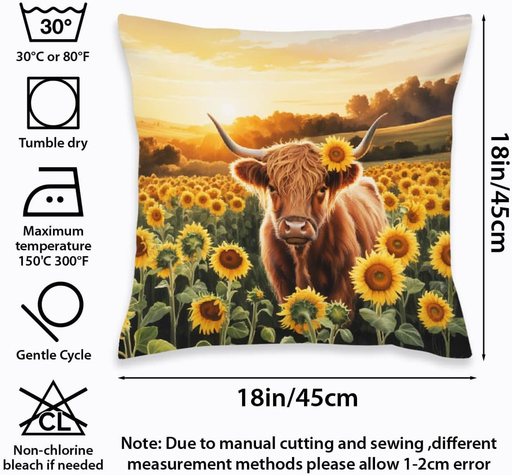 2 Pcs Highland Cow With Sunflowers Decorative Throw Pillow Covers, Spring Outdoor Pillowcase Cotton Linen Farmhouse Cushion Case for Couch Sofa Bedroom Apartment Dorm Living Room Office Home Decor