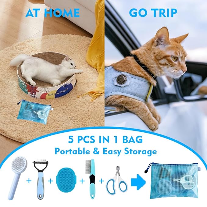 Grooming Brush Kit - 5pcs for Shedding & Matted Fur, Self-Cleaning with Flea Comb for Indoor Long-Haired Cats, Blue