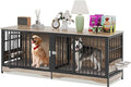 75'' Dog Crate Furniture Large Storage TV Stand with Dual Cushion / 4 Bowls/Double Rooms, Wooden Dog Kennel Dog Crate End Table with Removable Divider for Large Medium Dogs, Greige