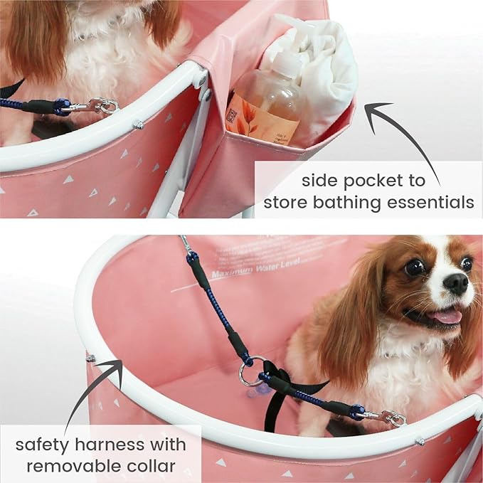 Furesh Little Dipper Dog Bath Tub and Wash Station for Bathing Shower and Grooming, Elevated Foldable and Portable, Indoor and Outdoor, for Small and Medium Size Dogs, Cats and Other Pet (Pink)