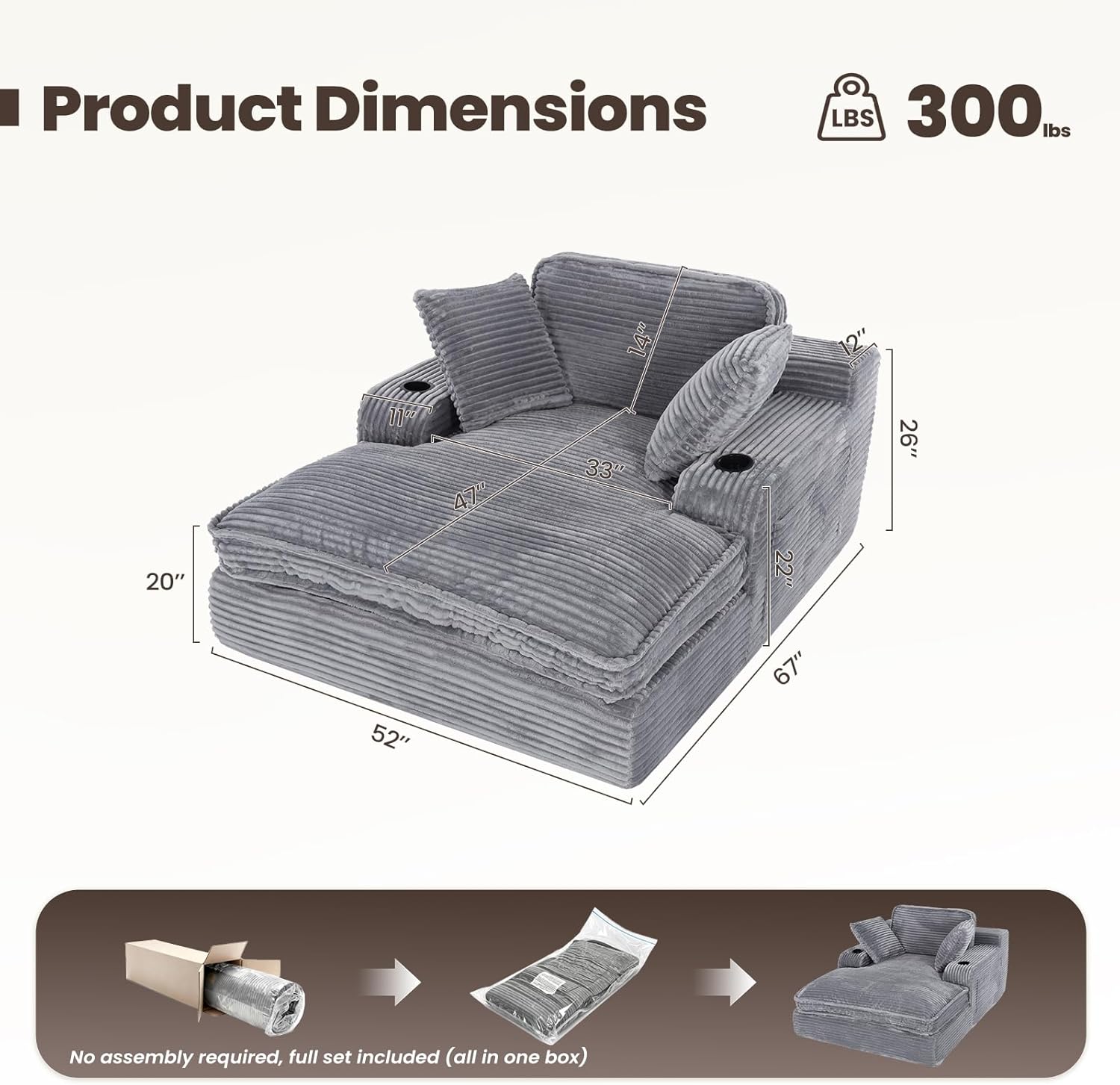 67" Chaise Lounge Chair Indoor, Cozy Oversized Fluffy Sofa with Cup Holders & Throw Pillows, Boneless Sleeper Cloud Couch for Living Room, Movie Room and Apartments, Grey
