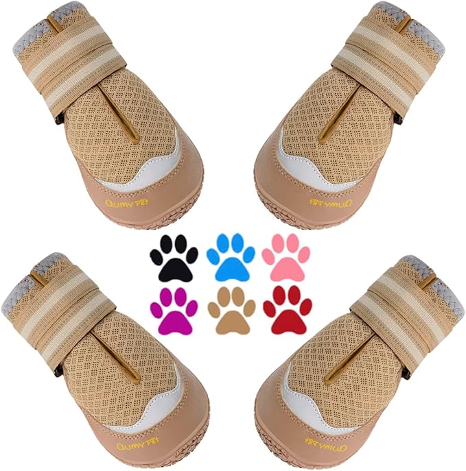 QUMY 4PCS Dog Boots for Large Dogs, Medium Dog Shoes & Paw Protectors for Hot Pavement, Summer Heat Protection, Mesh Breathable Nonslip Dog Booties for Hardfloors, Walking Running Hiking Khaki Size 5