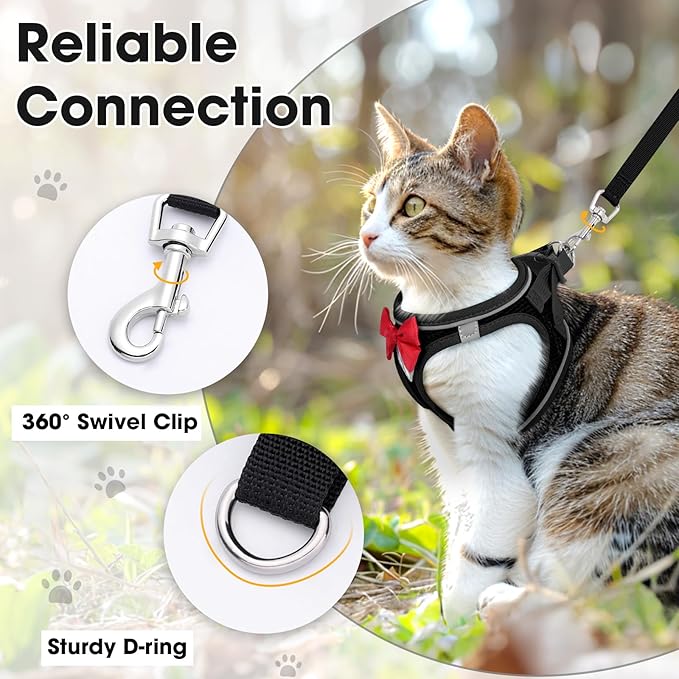 Cat Vest Harness and Leash Set for Walking Escape Proof, Adjustable Kitten Harness Breathable Mesh with Reflective Strips Harness for Kitty Puppy Bunny (Black,S)
