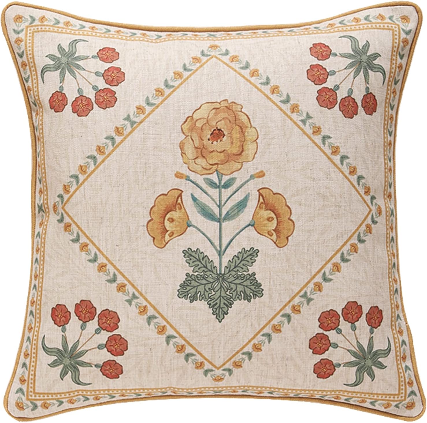patdrea Designer Throw Pillow Covers for Couch 18"x18",Vintage French Linen Pillows Cover with Daisy Floral Pattern,Beige Luxury Farmhouse Decorative Square Cushion for Bed,Living Room,Outdoor,Car