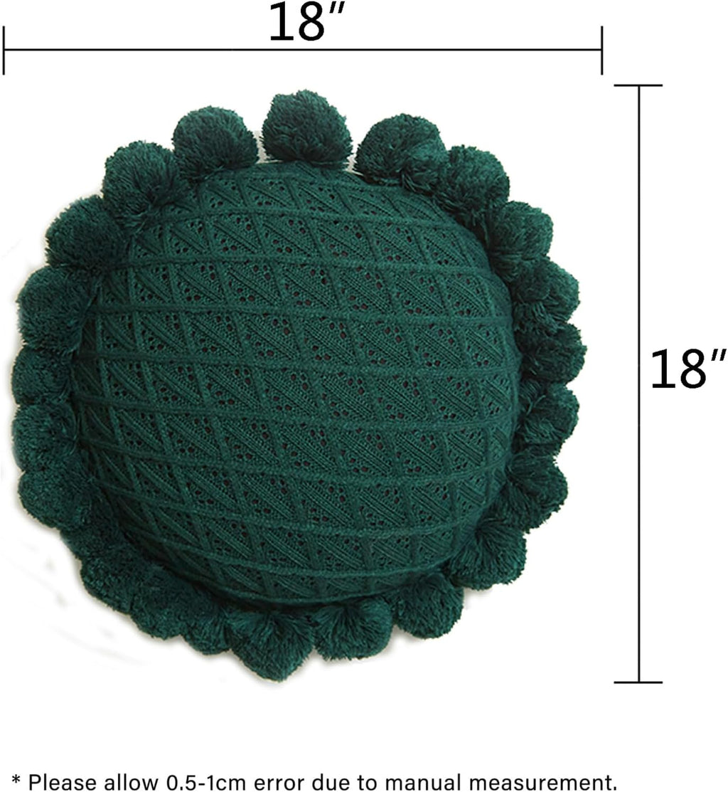 Acrylic Knitted Round Throw Pillow Knitting Bohemian Circular Cushion Pillow with Knit Handmade Pompoms Decorative Dark Green, Diameter 18inches