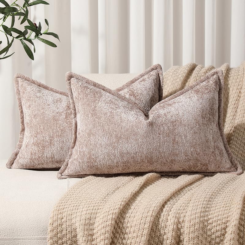 Pack of 2 Khaki Decorative Throw Pillow Covers 12x20 Cozy Soft Chenille Accent Vintage Rectangular Lumbar Couch Pillow Covers for Home Decor Bed Sofa Living Room