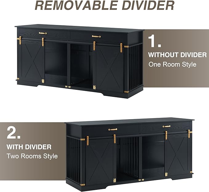72.5" Extra Large Furniture Style Double Dog Crates for Large Breeds, XXL Wooden Dog Kennel Furniture with Drawers, Divider, Water Resistant & Barn Door for 2 Dogs, Black