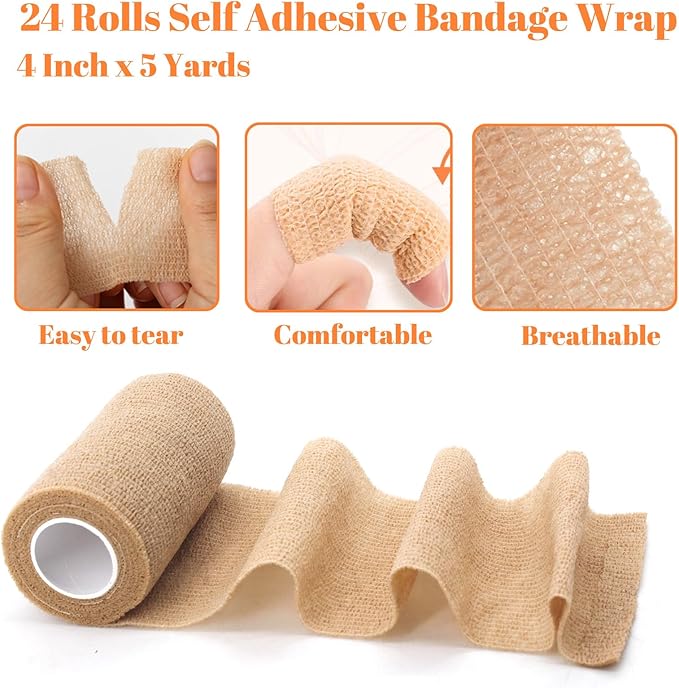 24 Rolls Self Adhesive Bandage Wrap, Vet Wrap 4 Inch for Horses Dogs Wounds Care Dressings, Elastic Self Stick Cohesive Bandage Wrap, Wrist, Sports, Ankle Tape Leg Wraps (Brown)